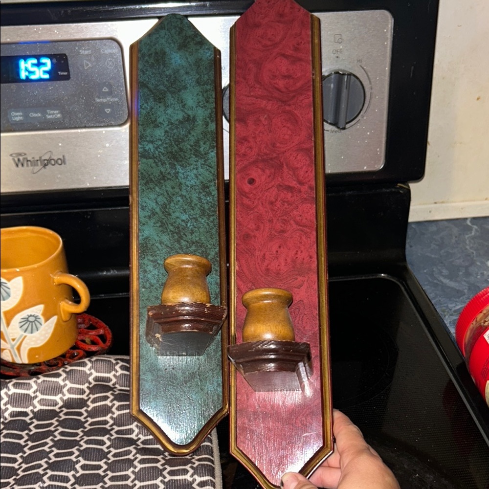 Vintage Wooden Wall Candle Holders in Green and Red